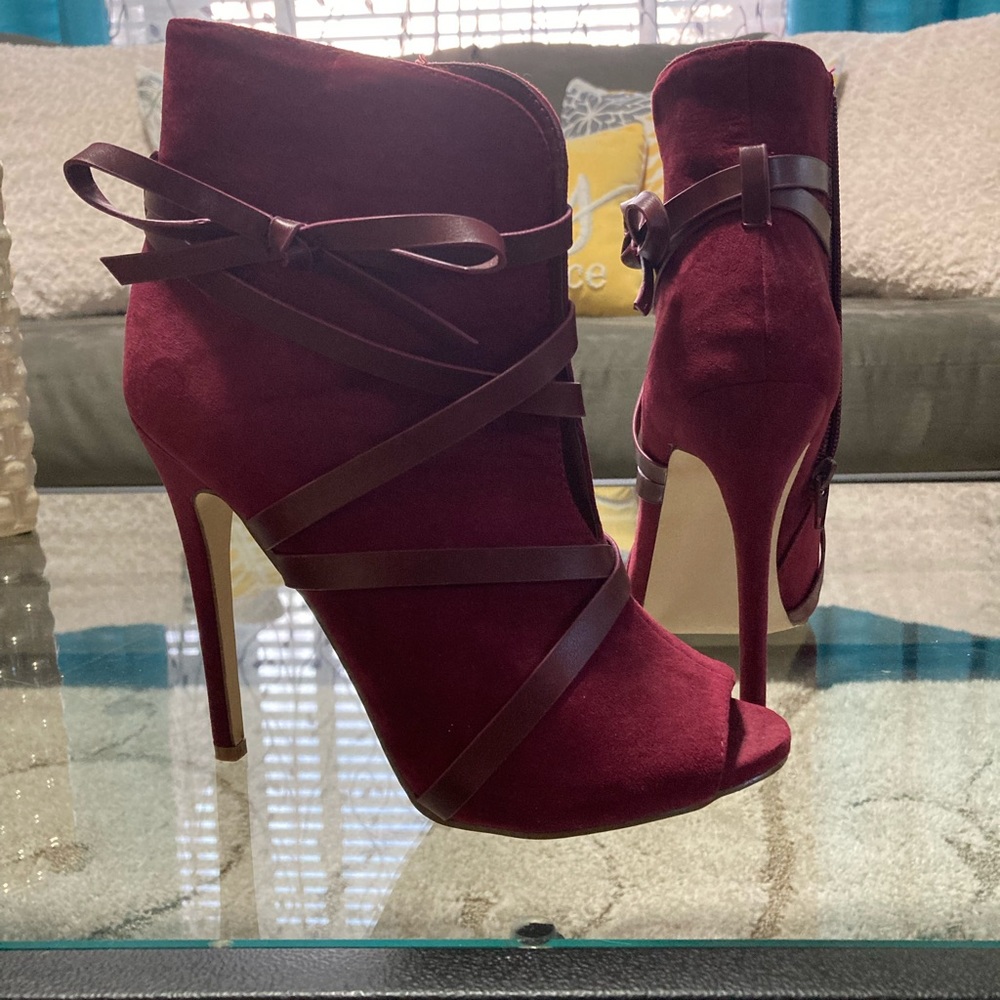 Burgundy peep toe bootie